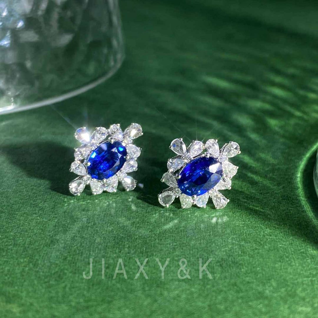 Natural Sri Lanka Royal Blue Sapphire Stud Earrings 1.84ct, Diamond 0.884ct 18K Gold