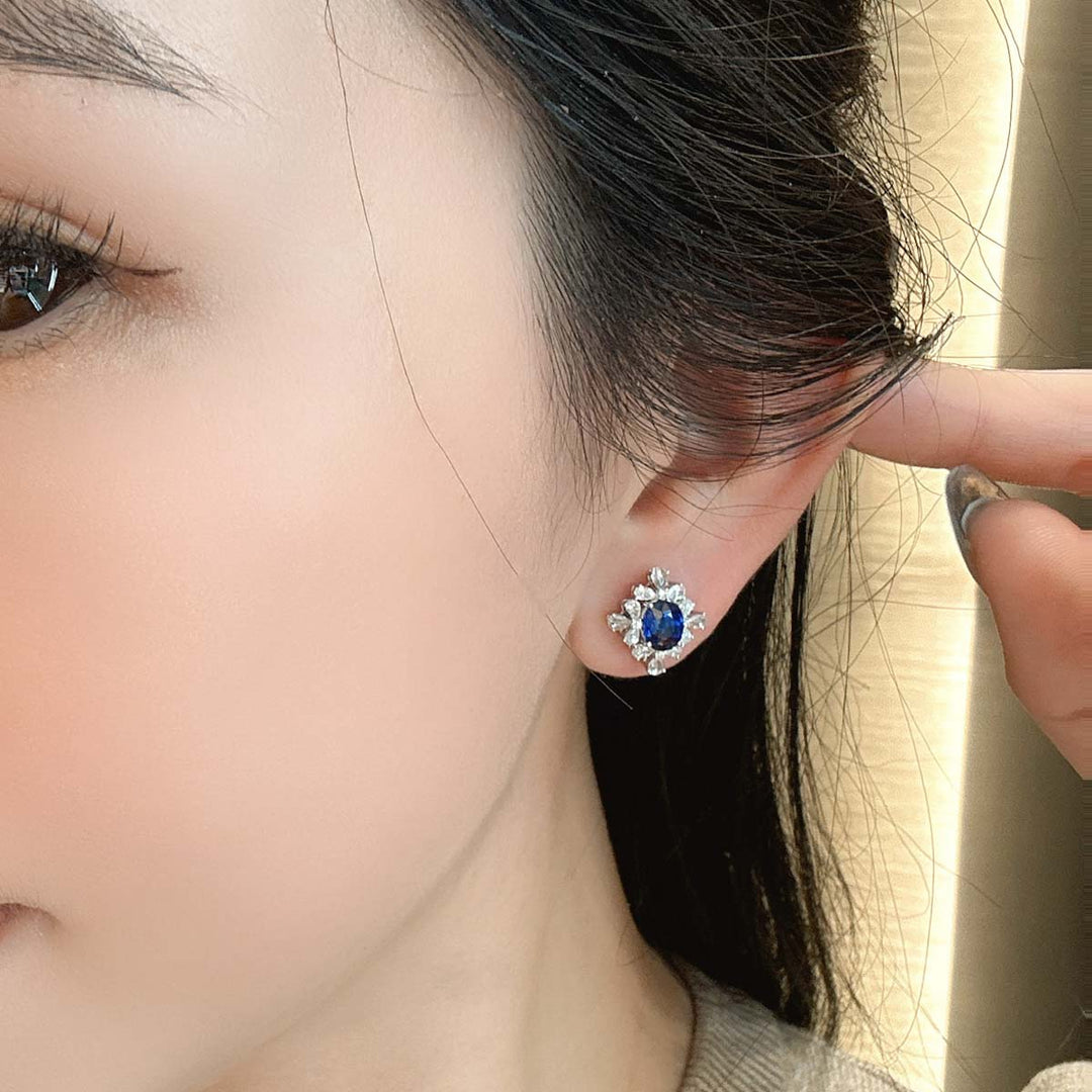 Natural Sri Lanka Royal Blue Sapphire Stud Earrings 1.84ct, Diamond 0.884ct 18K Gold