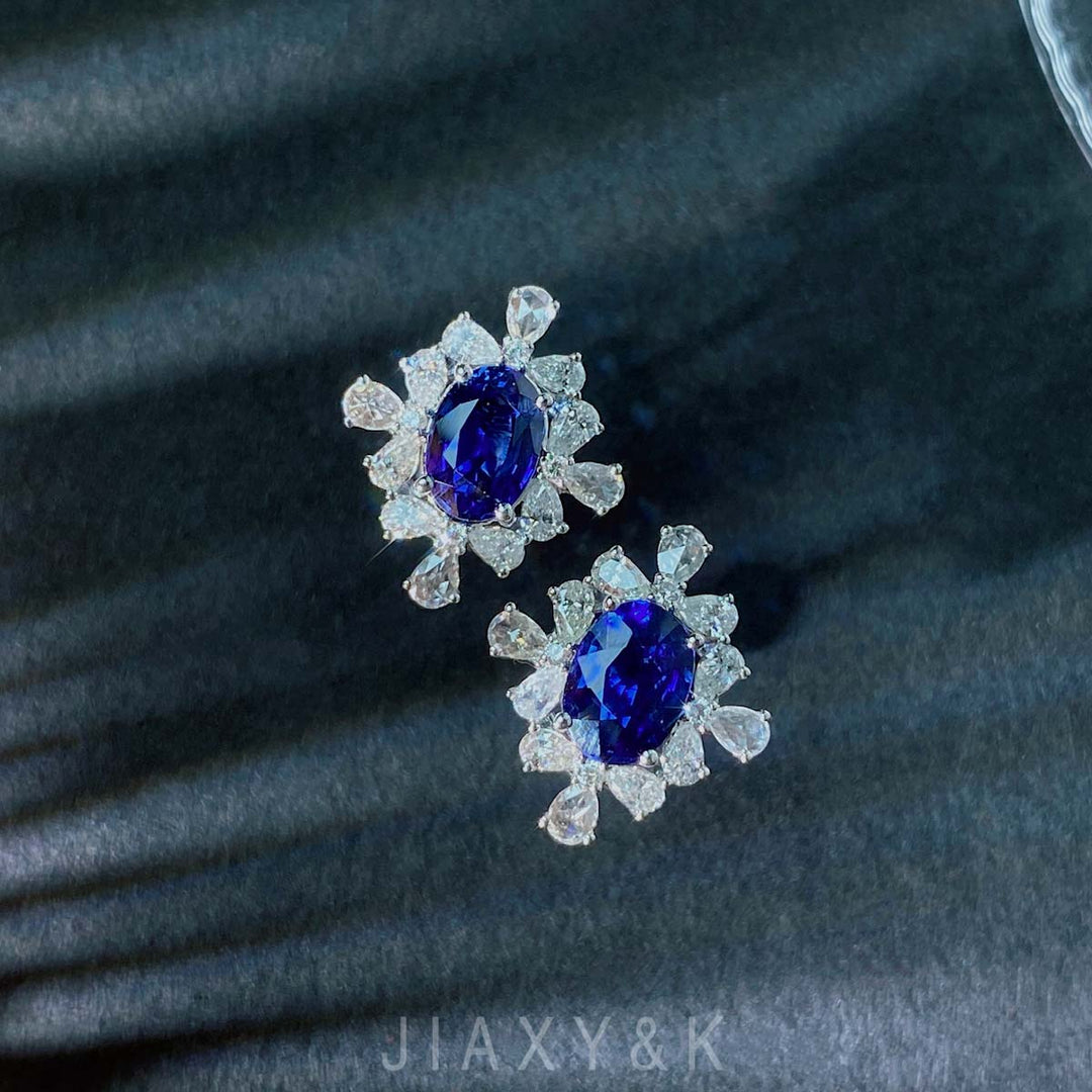 Natural Sri Lanka Royal Blue Sapphire Stud Earrings 1.84ct, Diamond 0.884ct 18K Gold