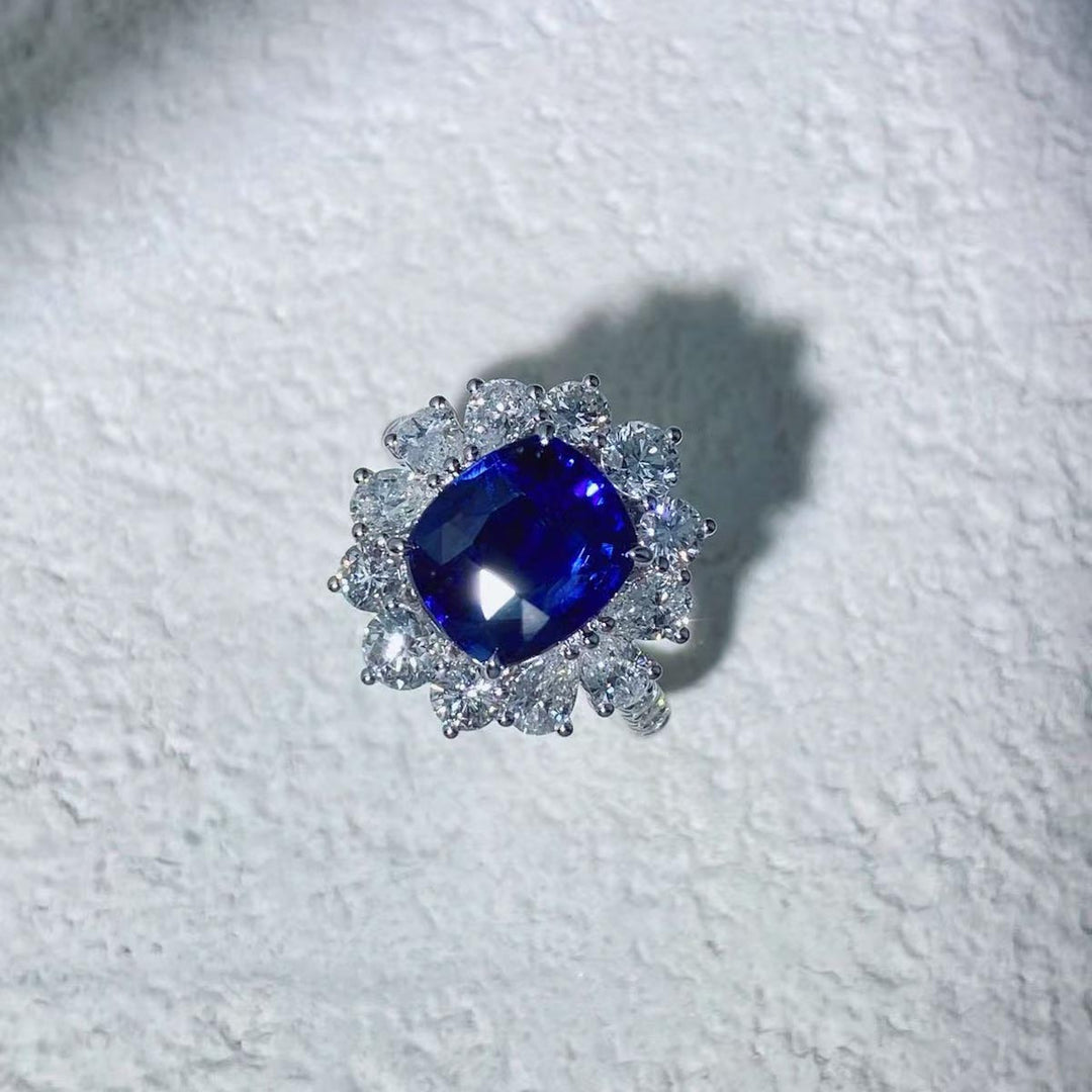 Natural Sri Lanka  Blue Sapphire Ring/Necklace 4.11ct, Diamond 2.11ct 18K Gold AIGS