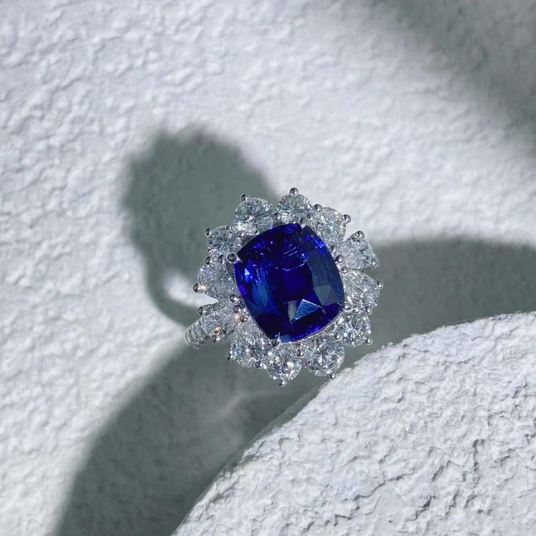 Natural Sri Lanka  Blue Sapphire Ring/Necklace 4.11ct, Diamond 2.11ct 18K Gold AIGS