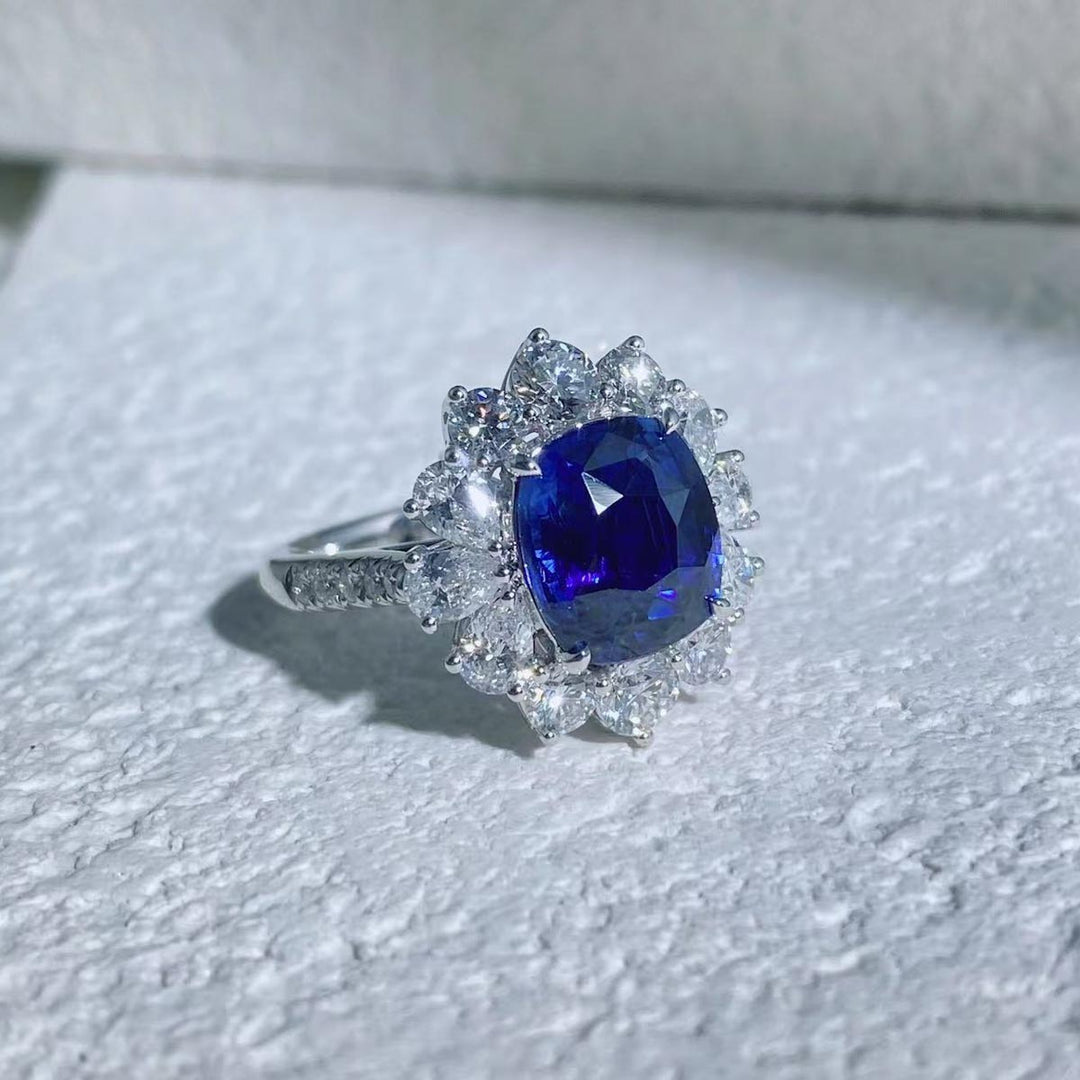 Natural Sri Lanka  Blue Sapphire Ring/Necklace 4.11ct, Diamond 2.11ct 18K Gold AIGS