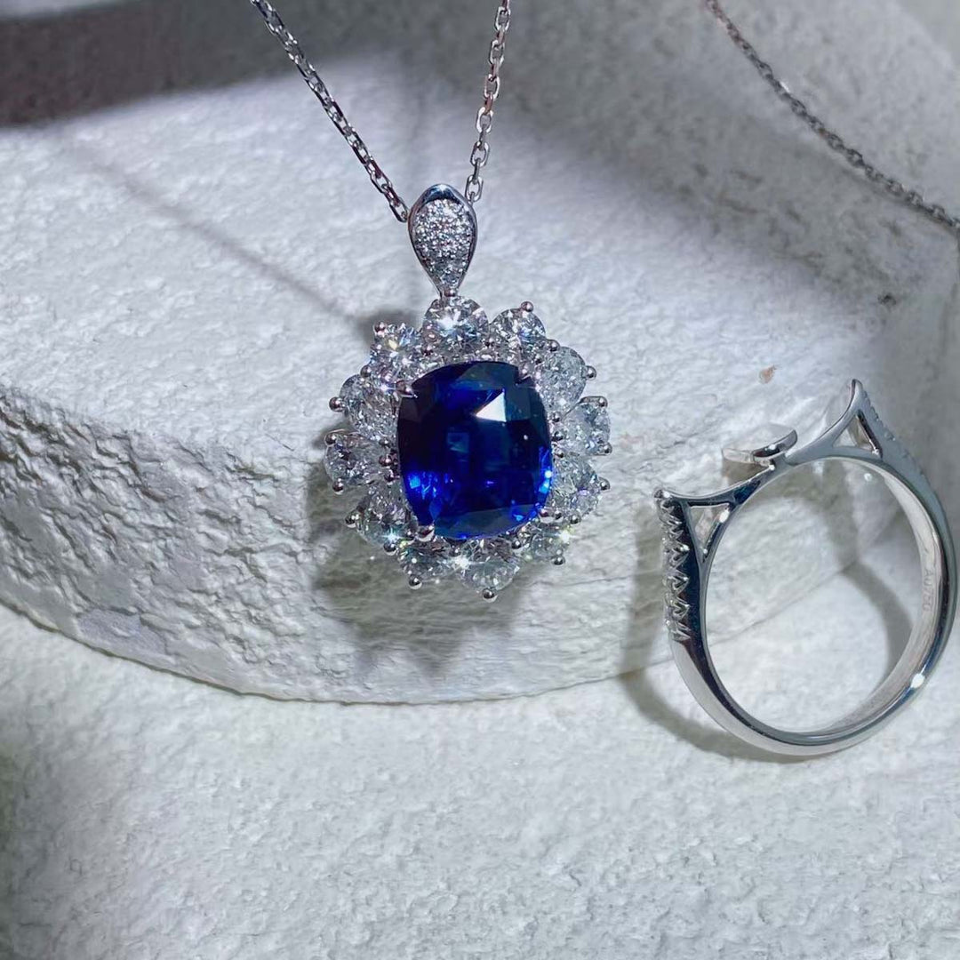 Natural Sri Lanka  Blue Sapphire Ring/Necklace 4.11ct, Diamond 2.11ct 18K Gold AIGS