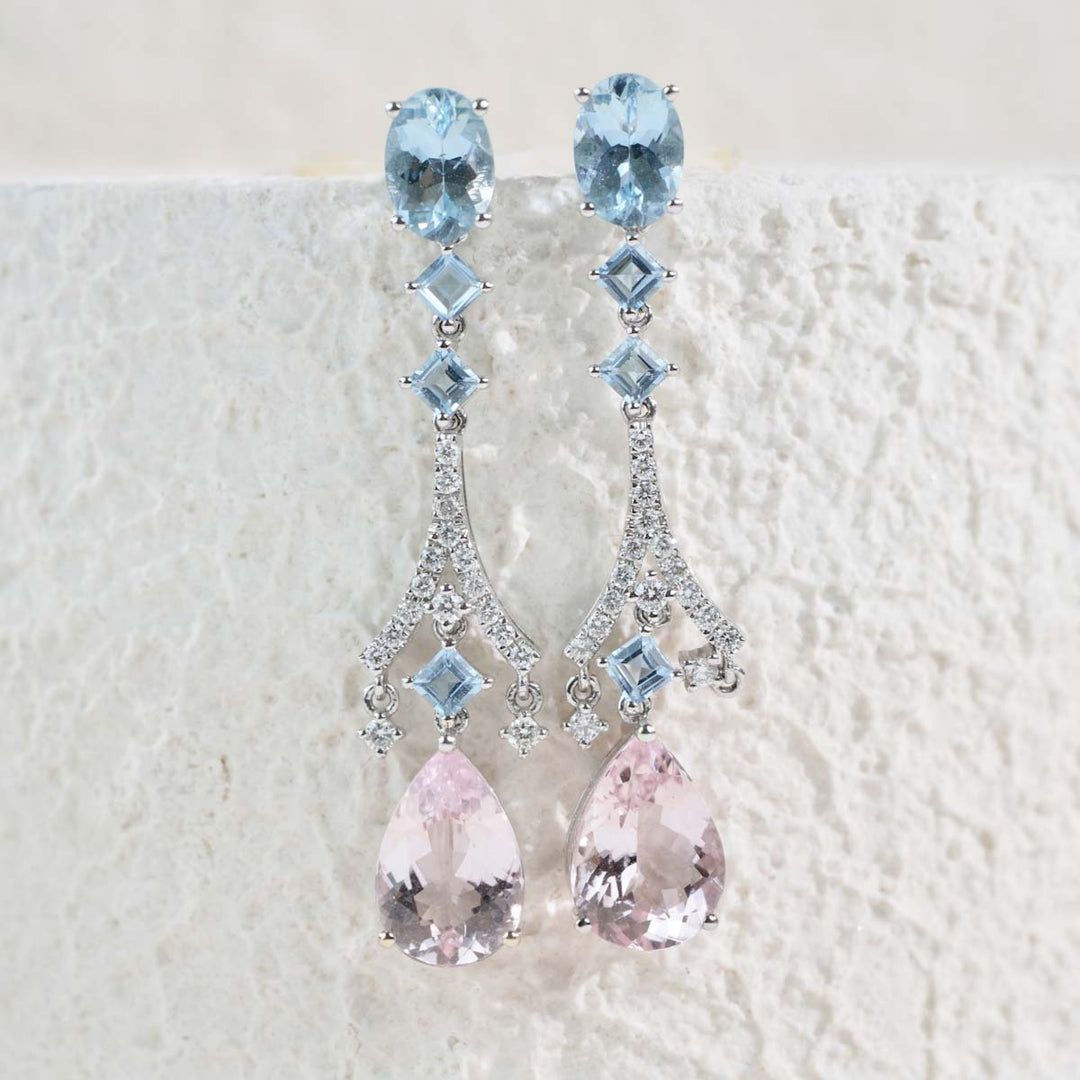 Natural Morganite Diamond & Aquamarine Dangle Earrings D5.17ct d0.258ct. -18K Gold
