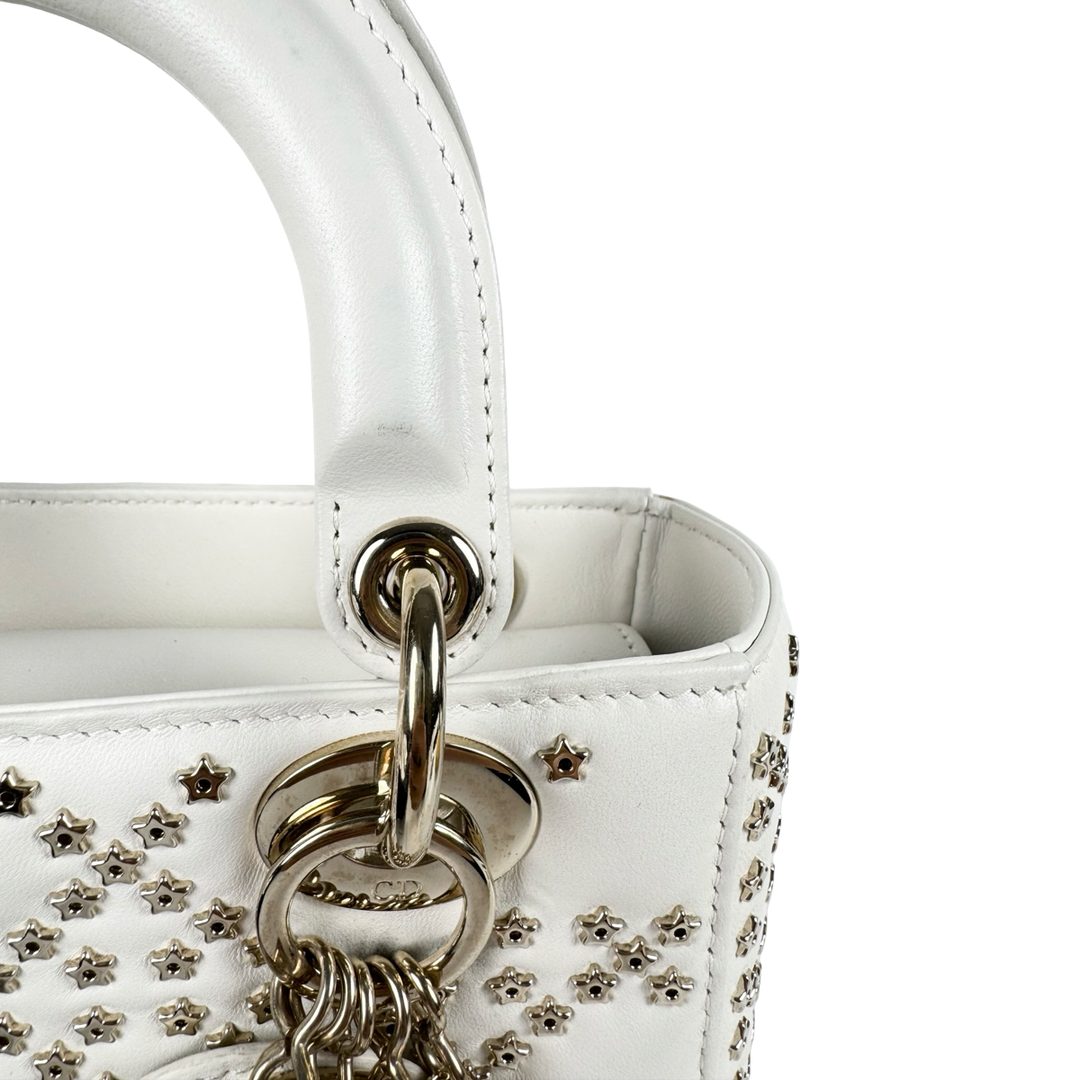 Pre-owned Dior Lady Dior Small Star Studded White Bag in Lambskin - photo 8
