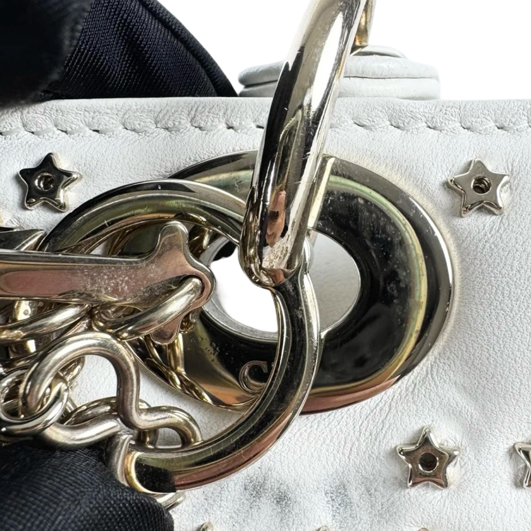 Pre-owned Dior Lady Dior Small Star Studded White Bag in Lambskin - photo 14