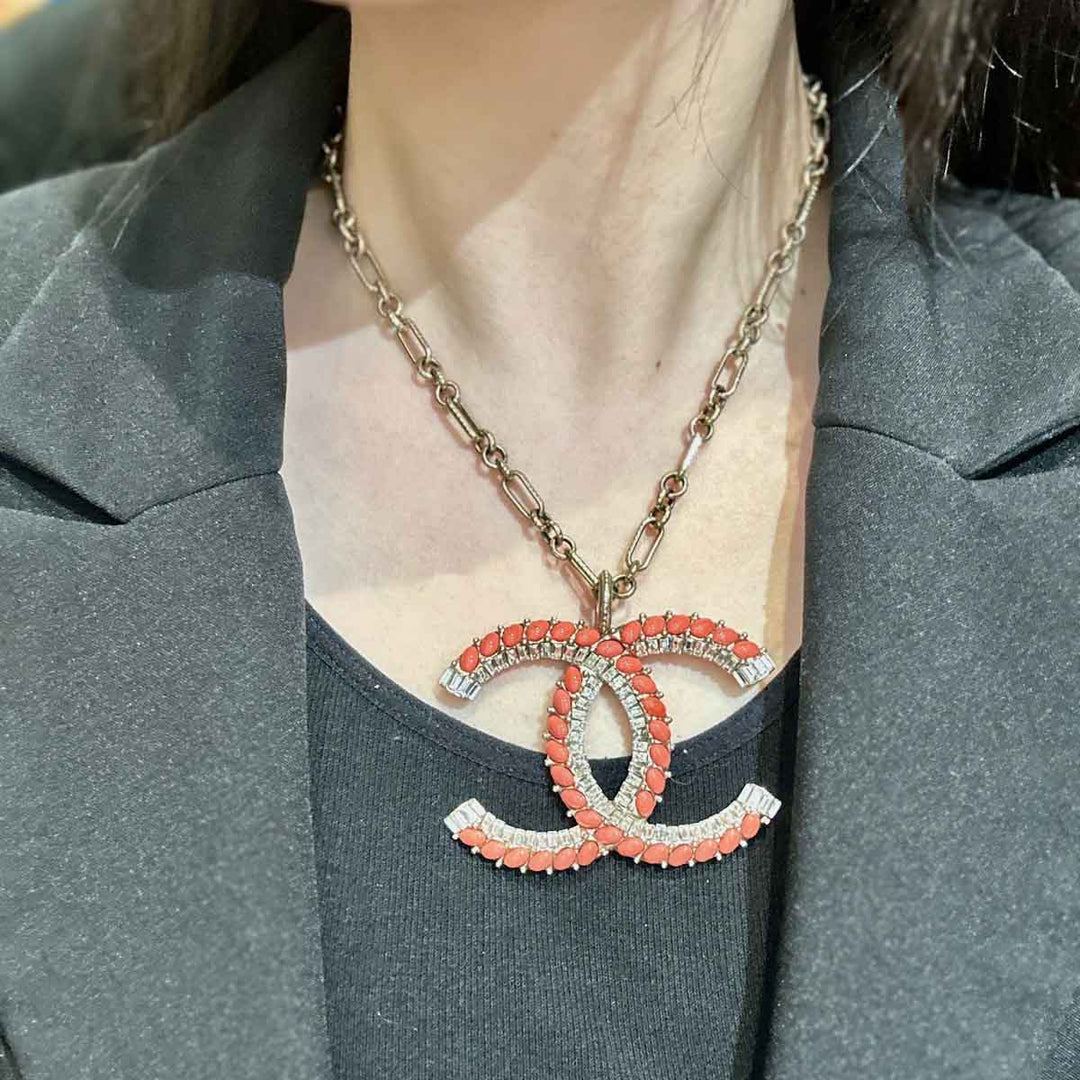 Chanel Large CC Logo Necklace With Crystal