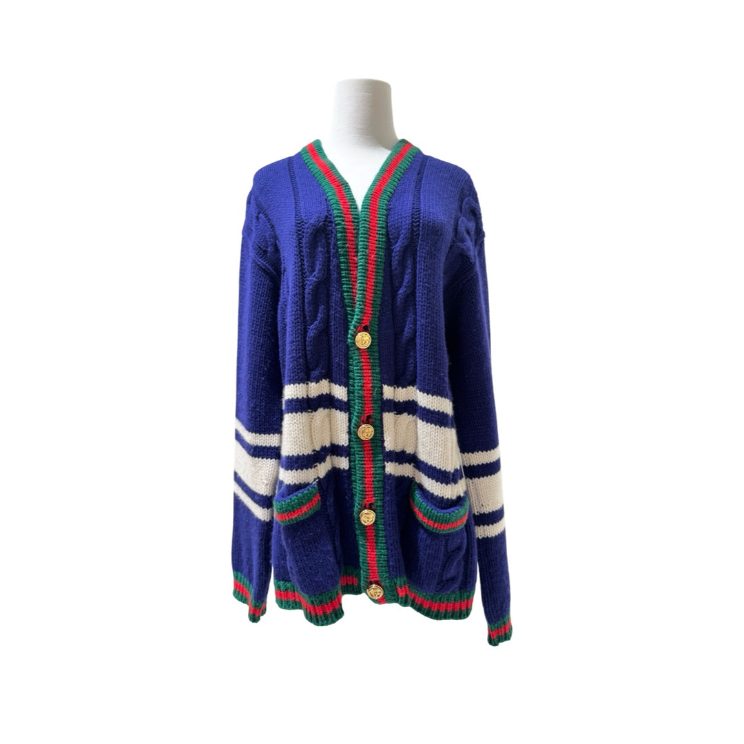 Gucci Blue V-Neck Striped Wool Knit Cardigan #XS