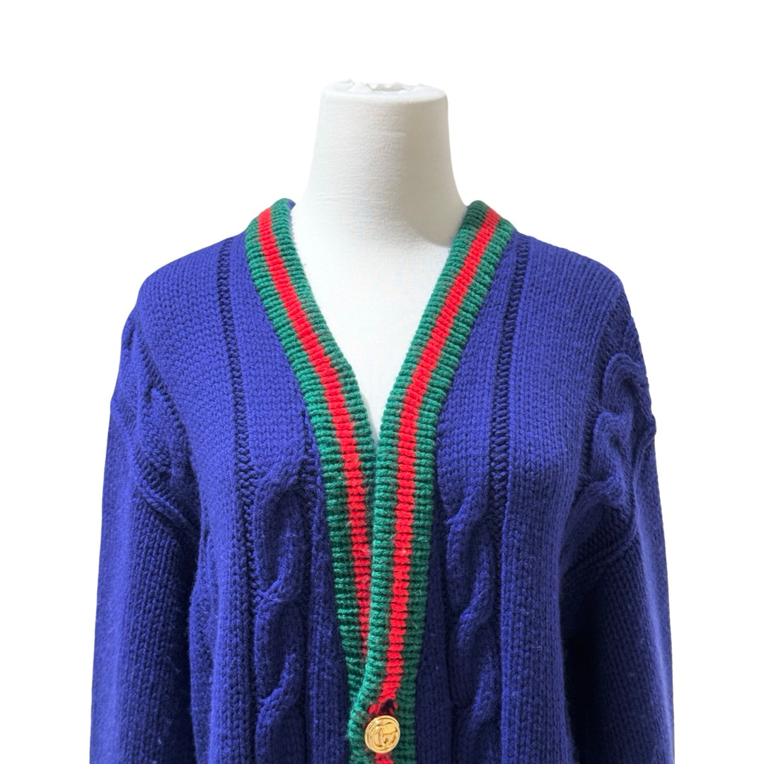 Gucci Blue V-Neck Striped Wool Knit Cardigan #XS
