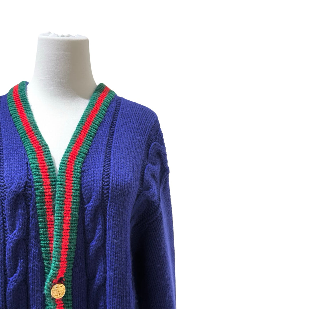 Gucci Blue V-Neck Striped Wool Knit Cardigan #XS