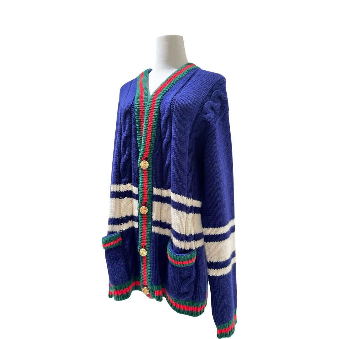 Gucci Blue V-Neck Striped Wool Knit Cardigan #XS