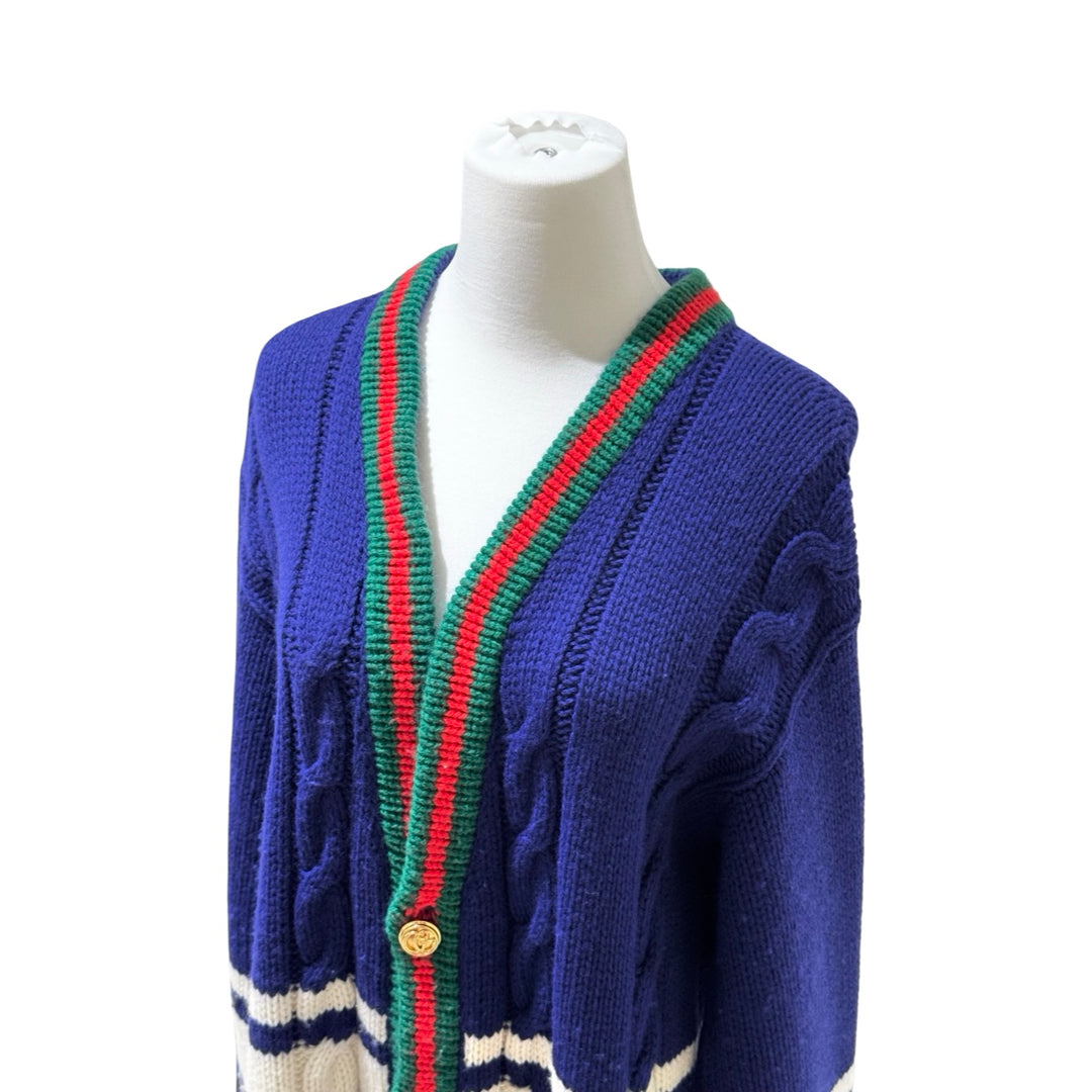 Gucci Blue V-Neck Striped Wool Knit Cardigan #XS