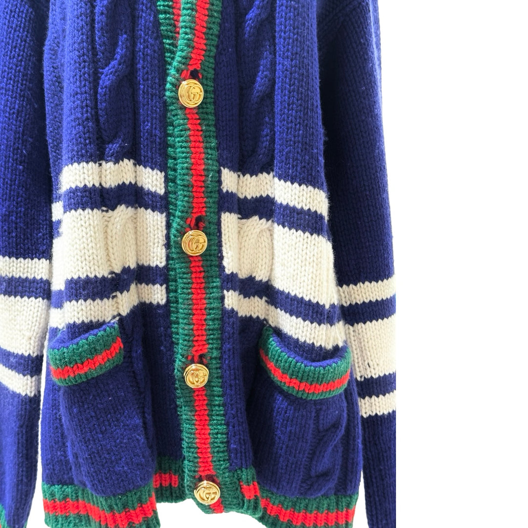 Gucci Blue V-Neck Striped Wool Knit Cardigan #XS