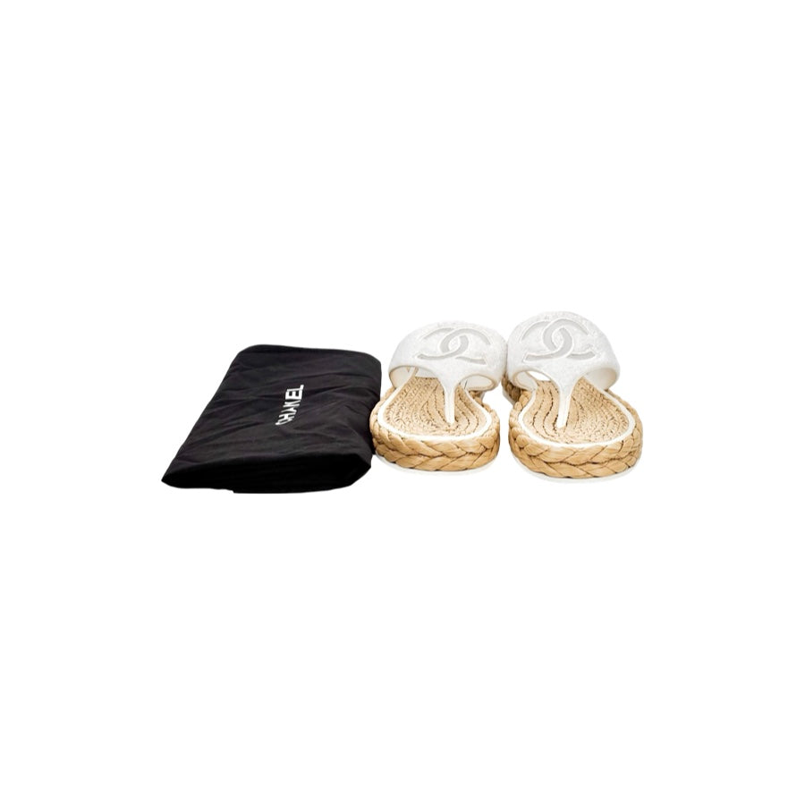 Chanel White Terry Cloth Raffia CC Logo Thong Sandals #39