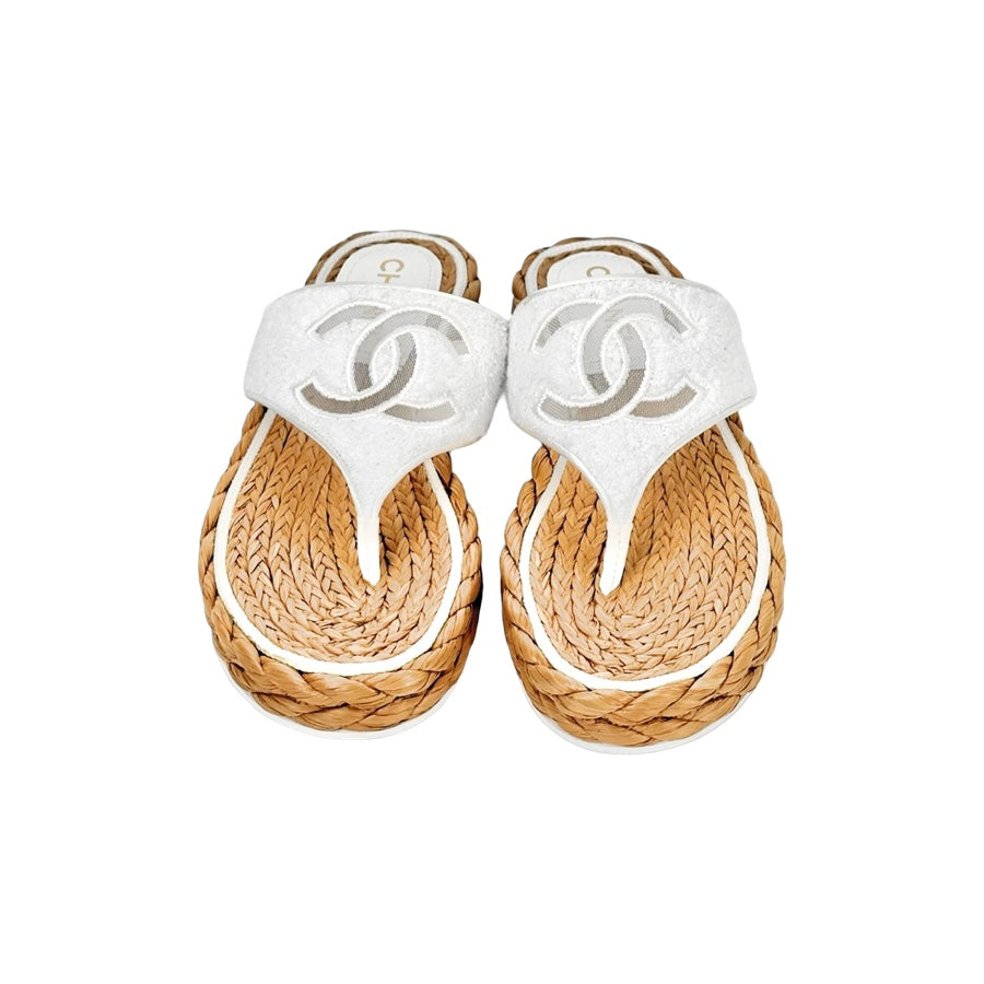 Chanel White Terry Cloth Raffia CC Logo Thong Sandals #39