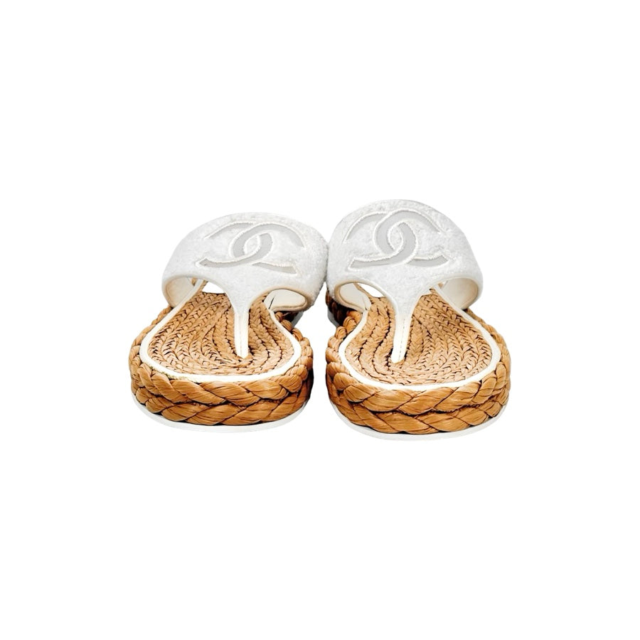 Chanel White Terry Cloth Raffia CC Logo Thong Sandals #39