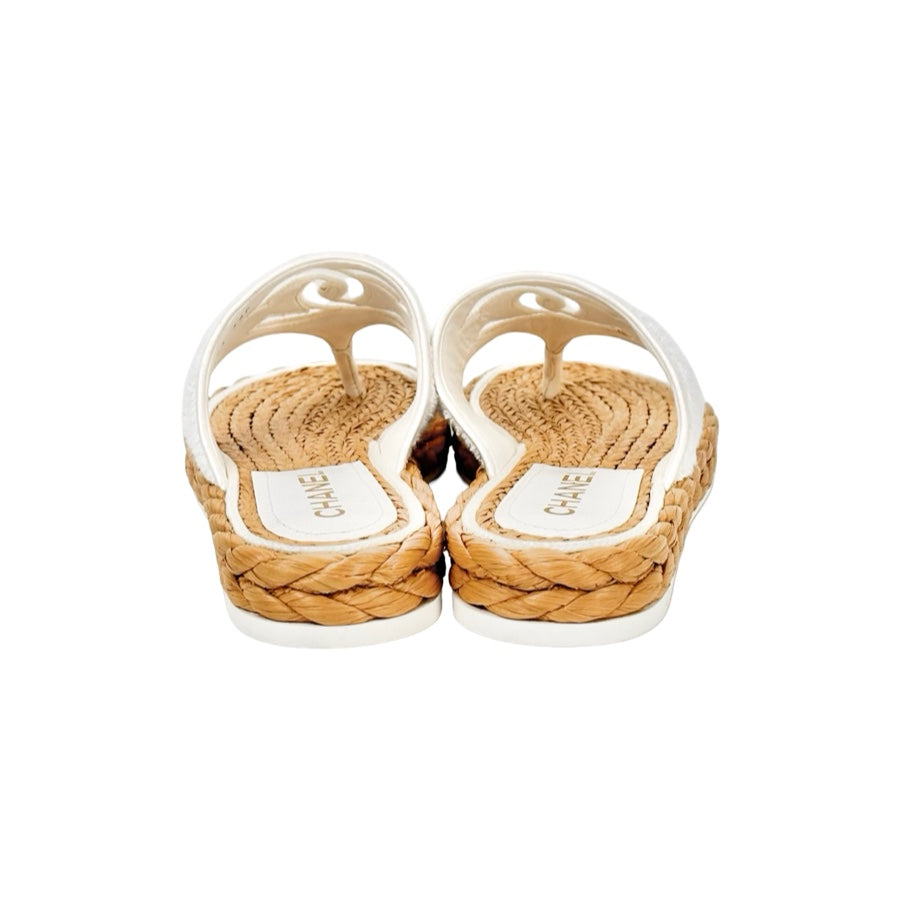 Chanel White Terry Cloth Raffia CC Logo Thong Sandals #39