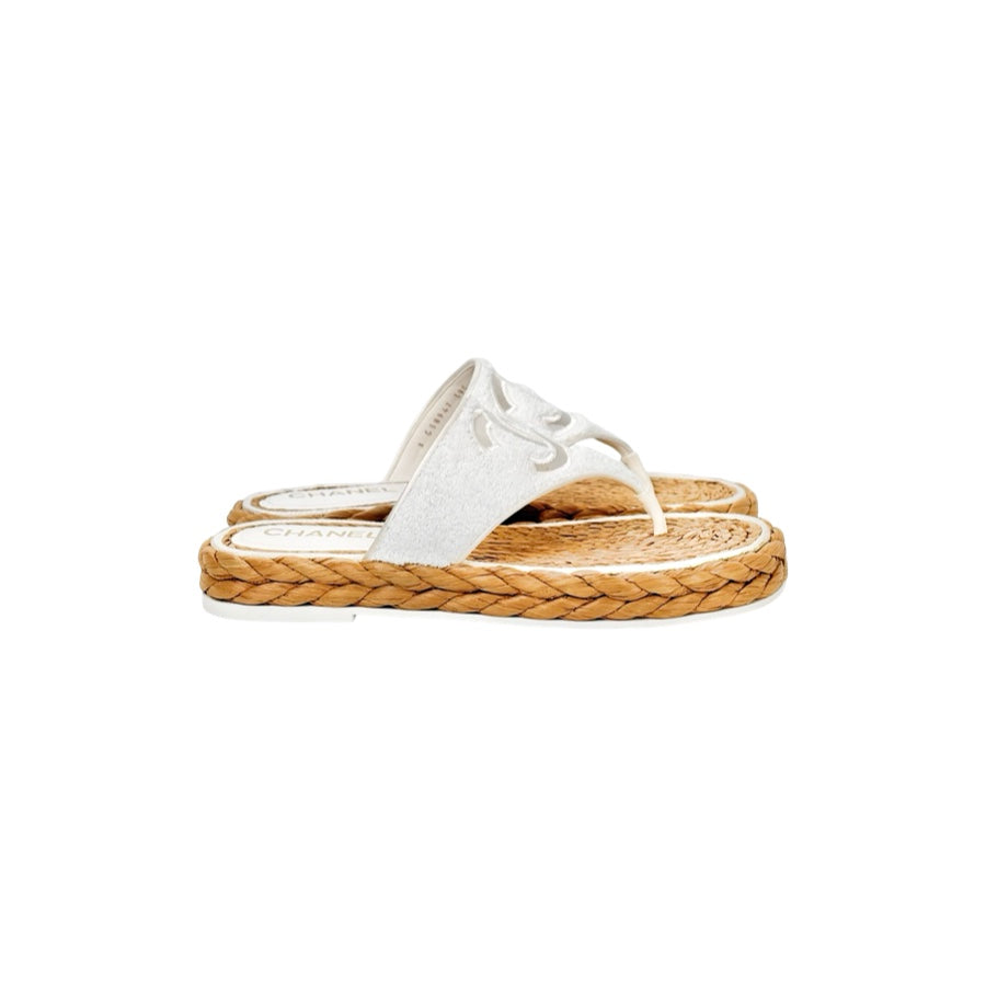 Chanel White Terry Cloth Raffia CC Logo Thong Sandals #39