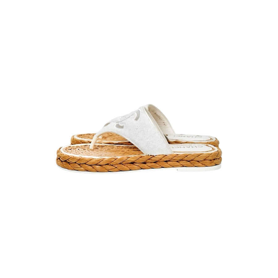 Chanel White Terry Cloth Raffia CC Logo Thong Sandals #39