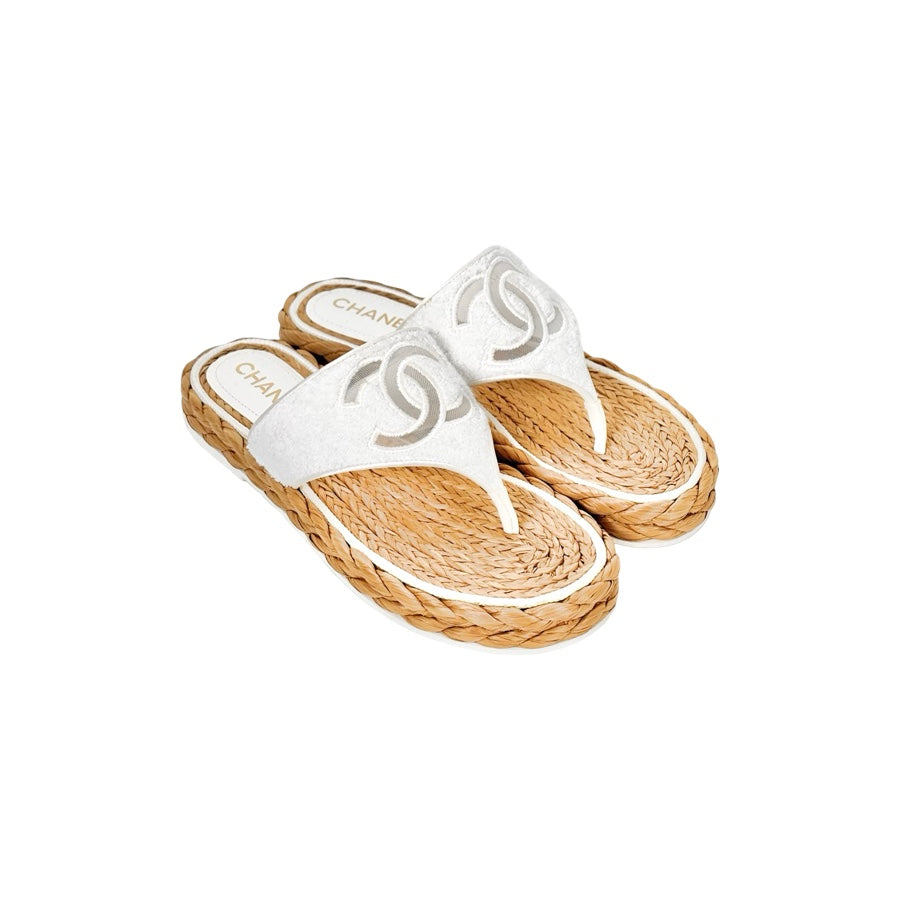 Chanel White Terry Cloth Raffia CC Logo Thong Sandals #39