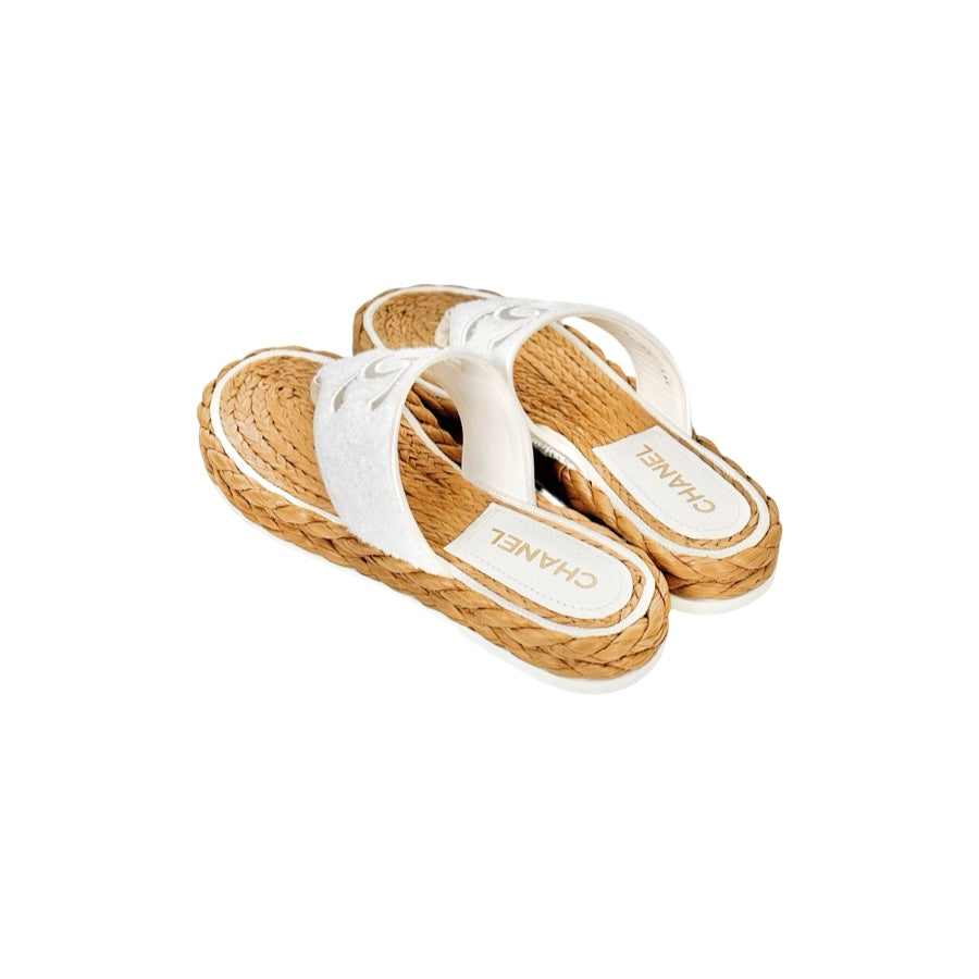 Chanel White Terry Cloth Raffia CC Logo Thong Sandals #39