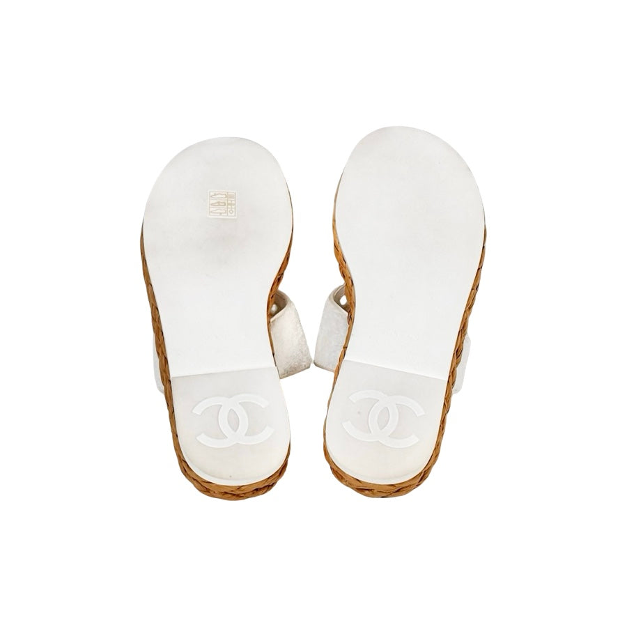 Chanel White Terry Cloth Raffia CC Logo Thong Sandals #39
