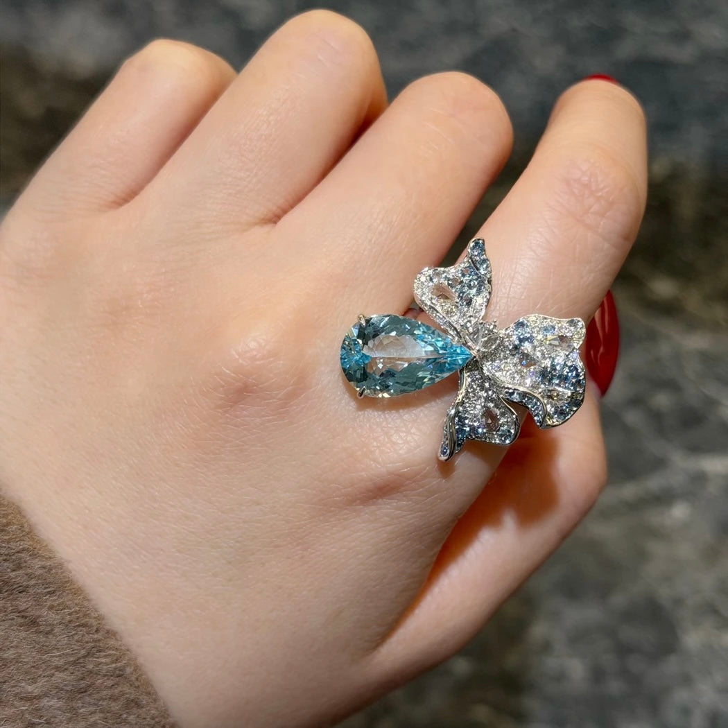 Natural Santa Maria Color Aquamarine Stone 3D Orchid Ring 4.84ct+0.782ct, Diamond 0.936ct 18K Gold GUILD