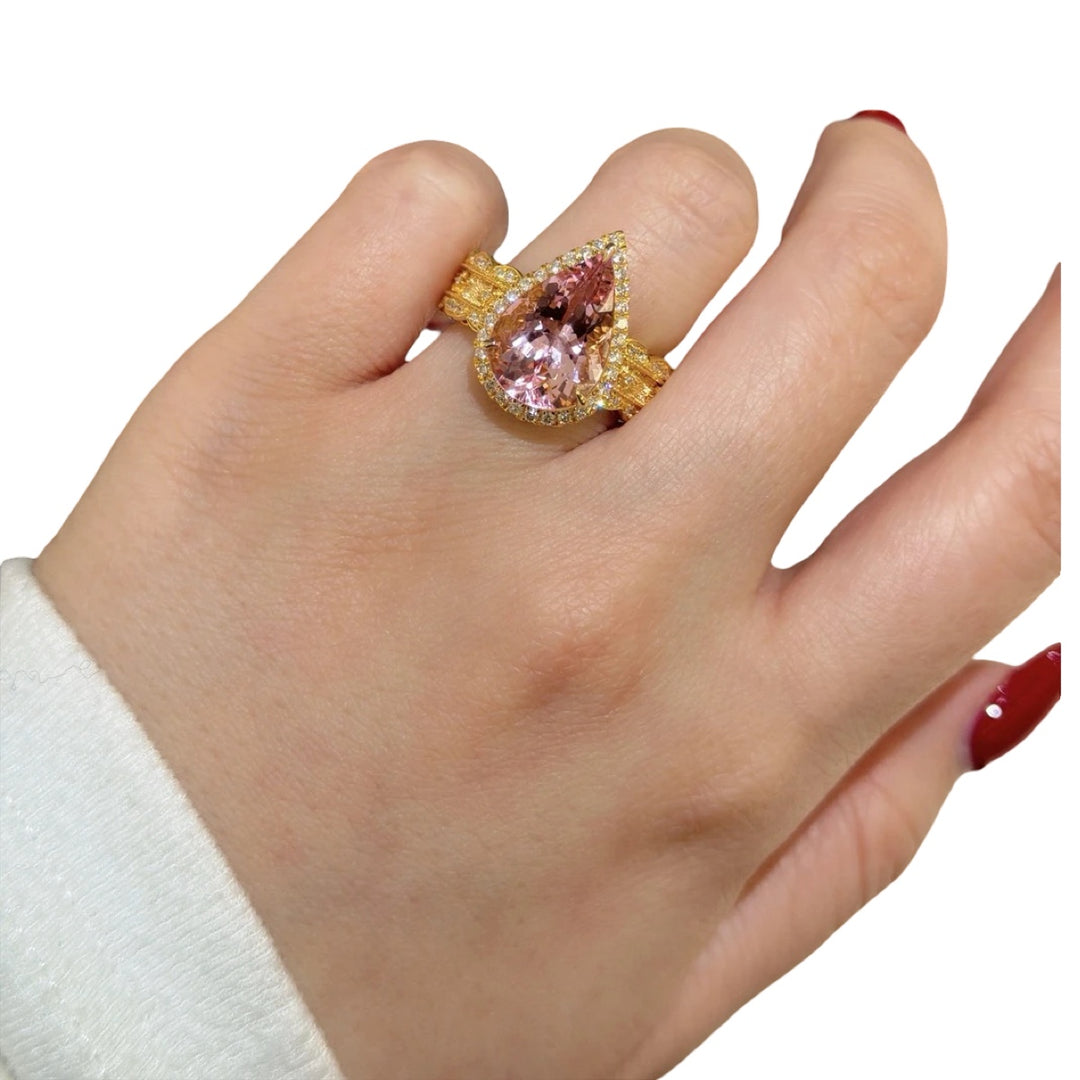 Natural Cherry Blossom Color Morganite Stone Ring 4.64ct, Diamond 0.524ct 18K Gold