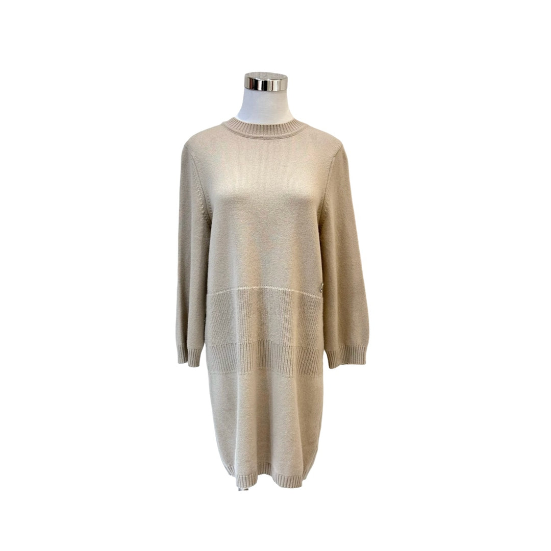 Hermes Cashmere Ribbed Knit Beige Long Sleeve Dress #38