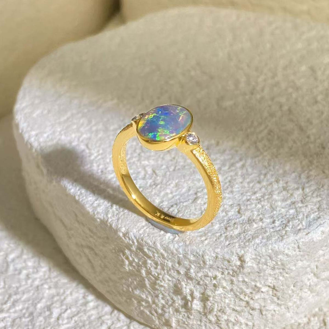 Natural Australia Black Opal Ring D0.93ct d0.07ct, 18K