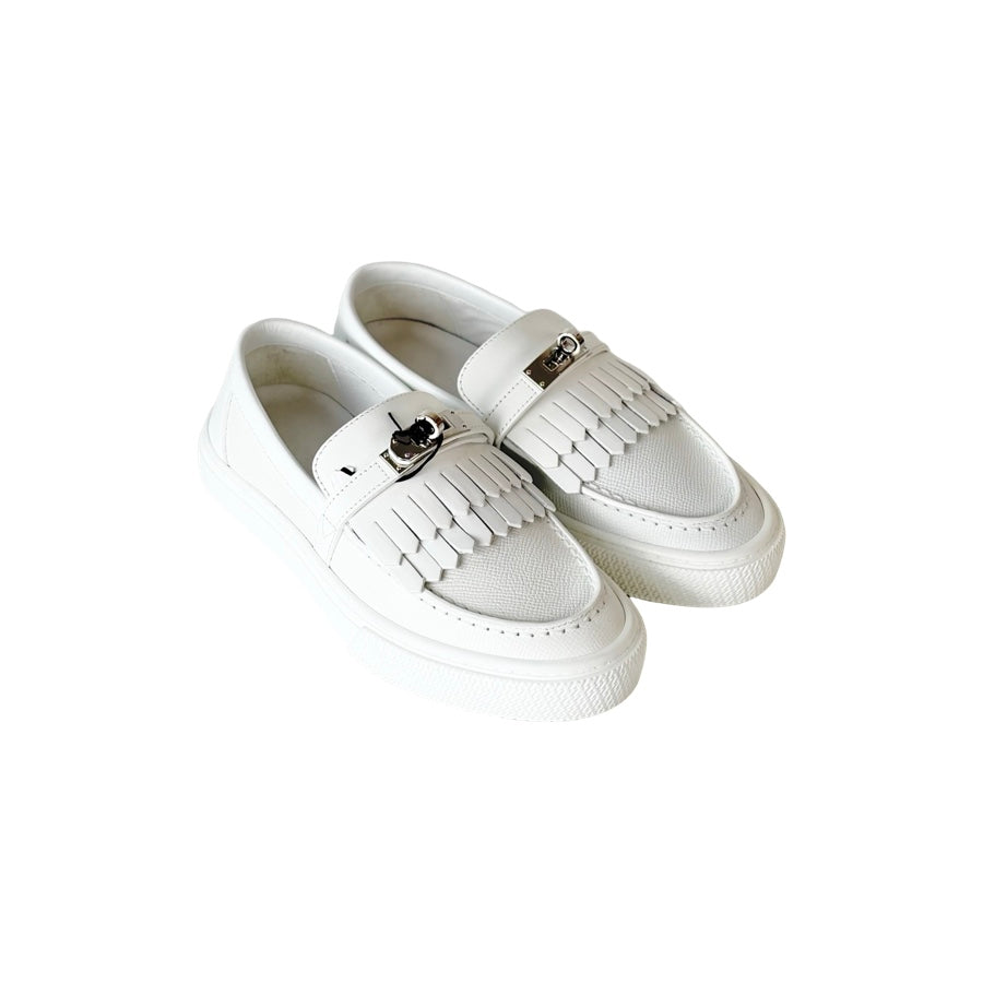 Hermes Game Epsom Calfskin Slip On Loafer Shoes White 34#