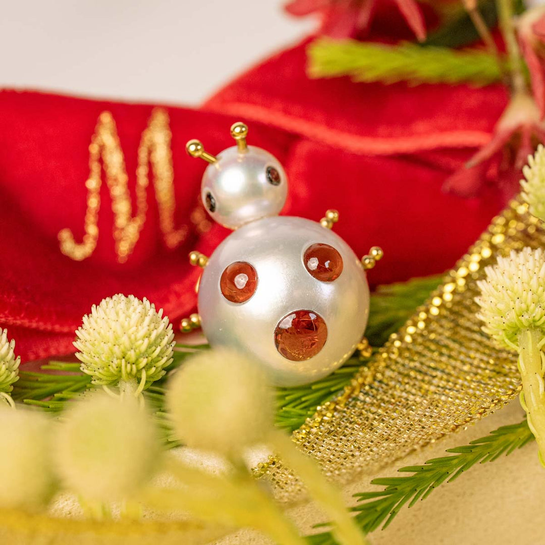 South Sea White Pearl Playful Ladybug Brooch 12mm,18K Yellow Gold
