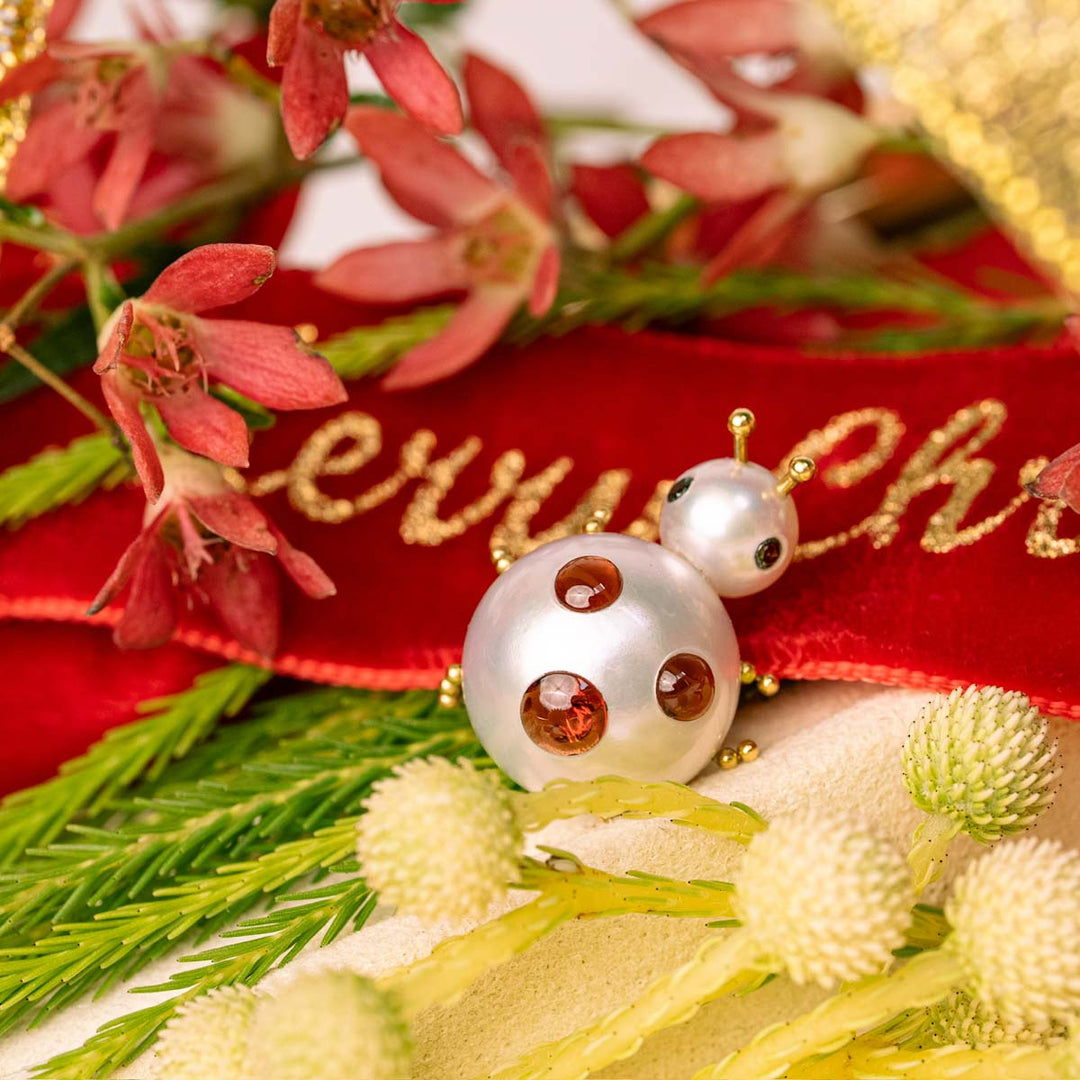 South Sea White Pearl Playful Ladybug Brooch 12mm,18K Yellow Gold