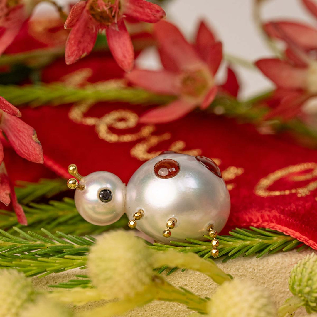 South Sea White Pearl Playful Ladybug Brooch 12mm,18K Yellow Gold
