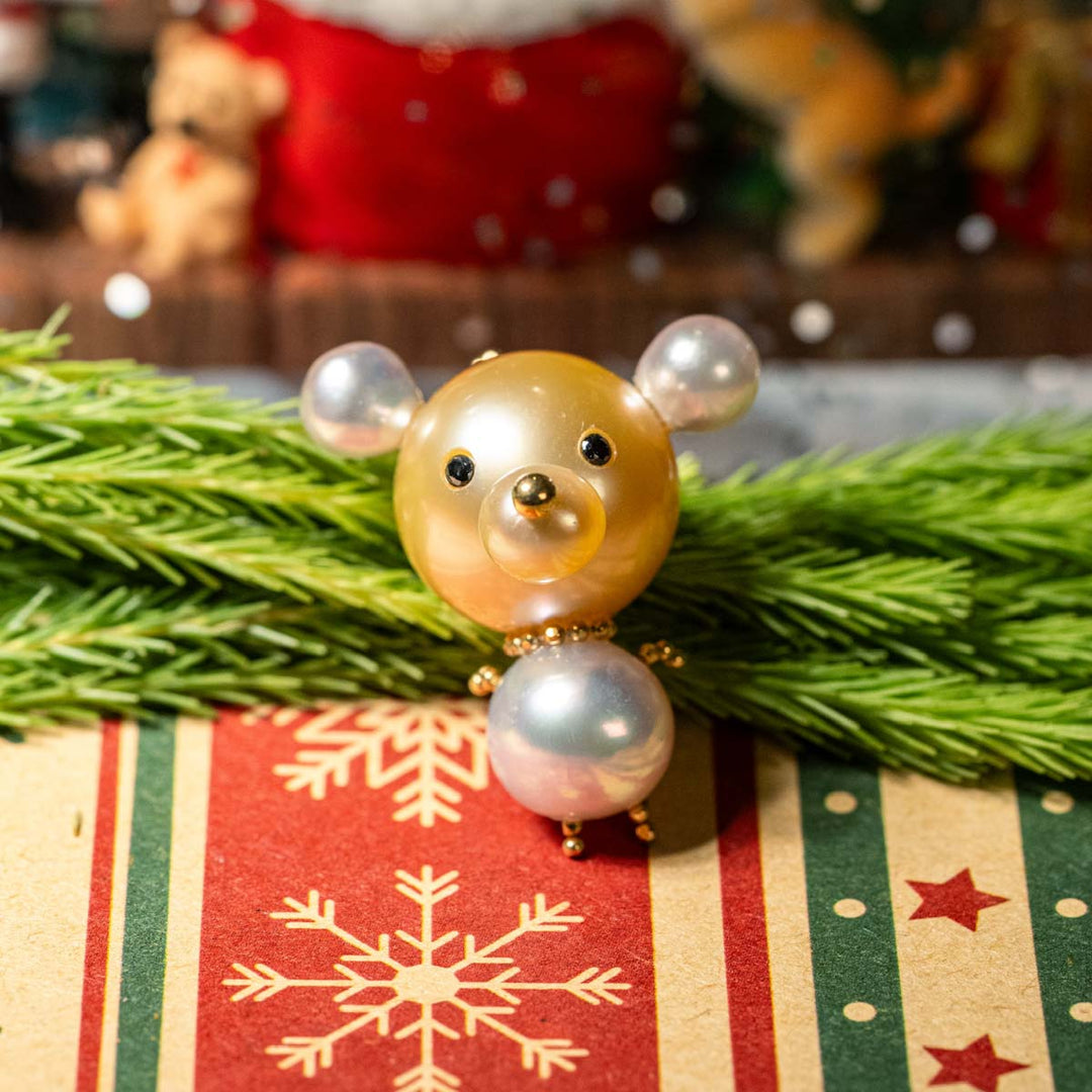 Southsea Gold Pearl Playful Bear Brooch 13mm,18K Yellow Gold