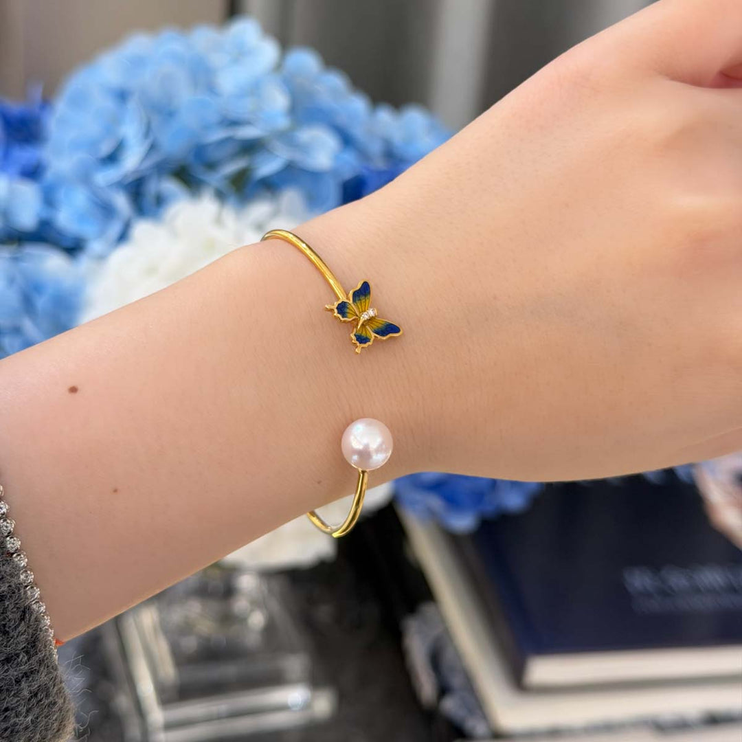 Natural Akoya Pearl Enamel Butterfly Open Bangle 8.85mm d0.03ct, 18K