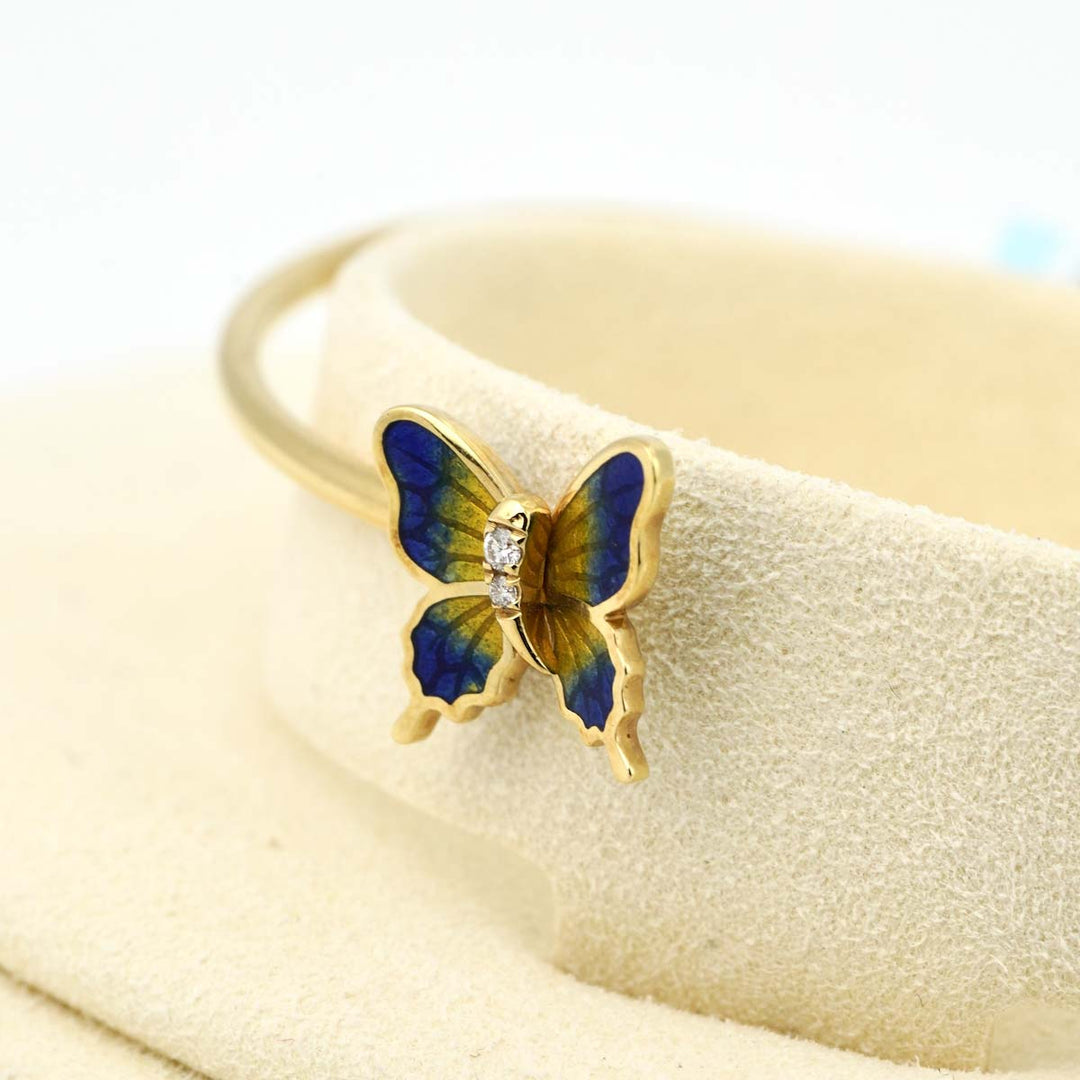 Natural Akoya Pearl Enamel Butterfly Open Bangle 8.85mm d0.03ct, 18K