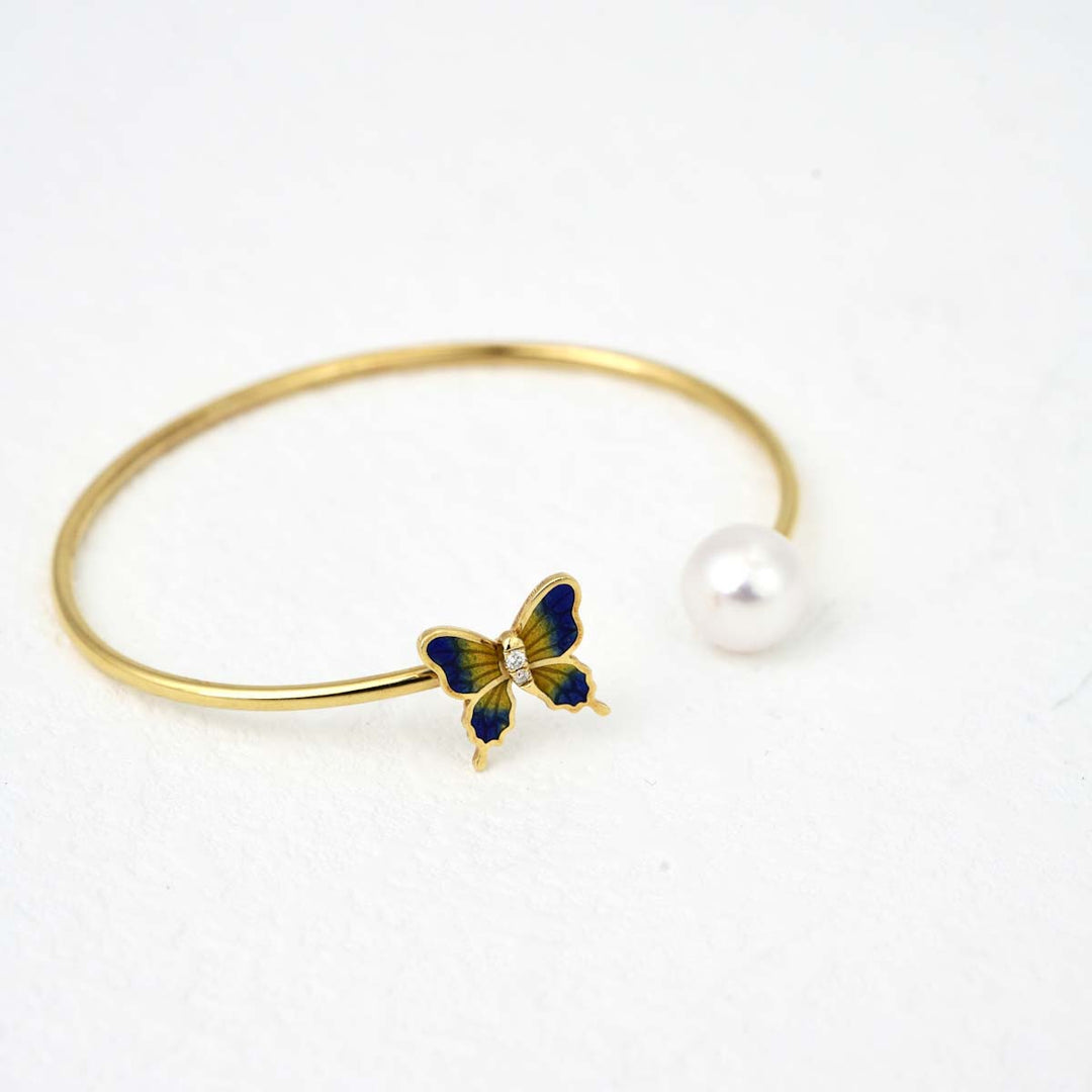Natural Akoya Pearl Enamel Butterfly Open Bangle 8.85mm d0.03ct, 18K