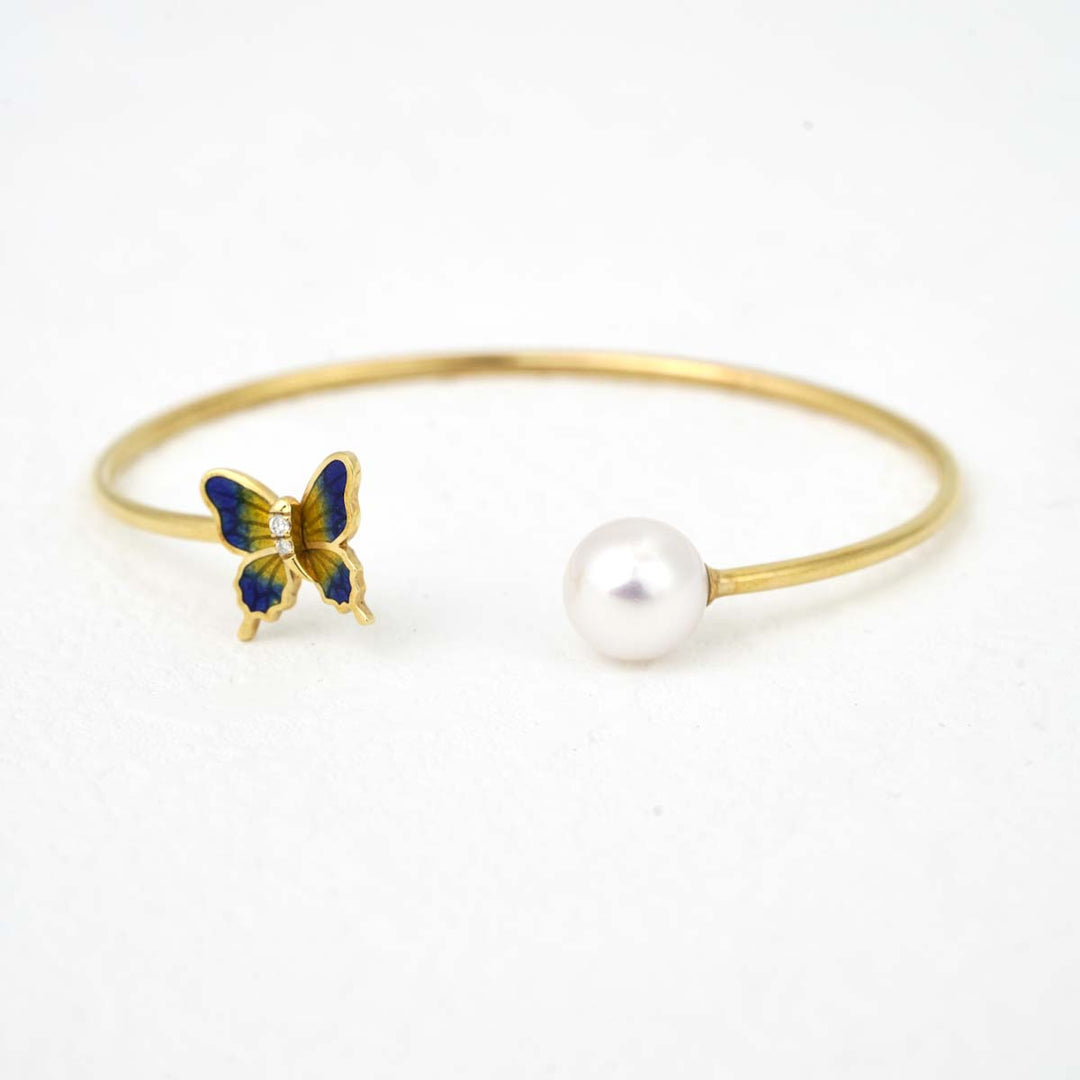 Natural Akoya Pearl Enamel Butterfly Open Bangle 8.85mm d0.03ct, 18K