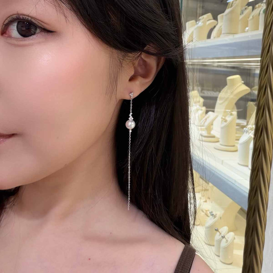 Natural Akoya Pearl Diamond Long Tassel Earrings 8.2mm d0.27ct, 18K