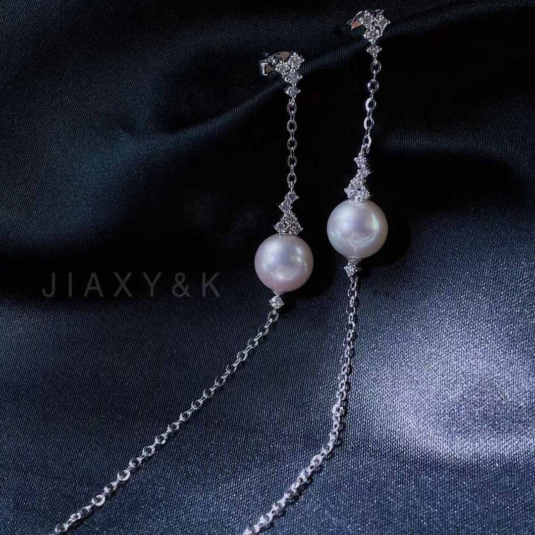 Natural Akoya Pearl Diamond Long Tassel Earrings 8.2mm d0.27ct, 18K