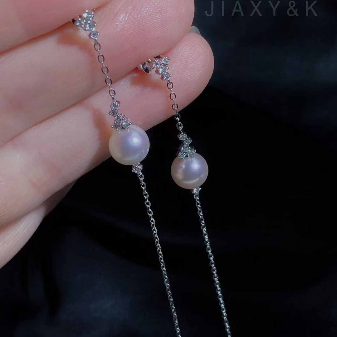 Natural Akoya Pearl Diamond Long Tassel Earrings 8.2mm d0.27ct, 18K