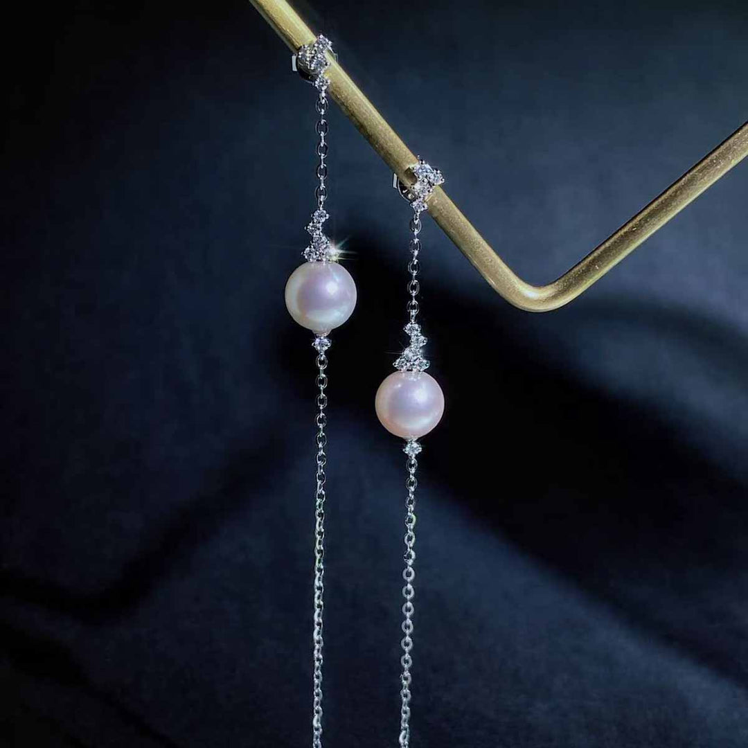 Natural Akoya Pearl Diamond Long Tassel Earrings 8.2mm d0.27ct, 18K