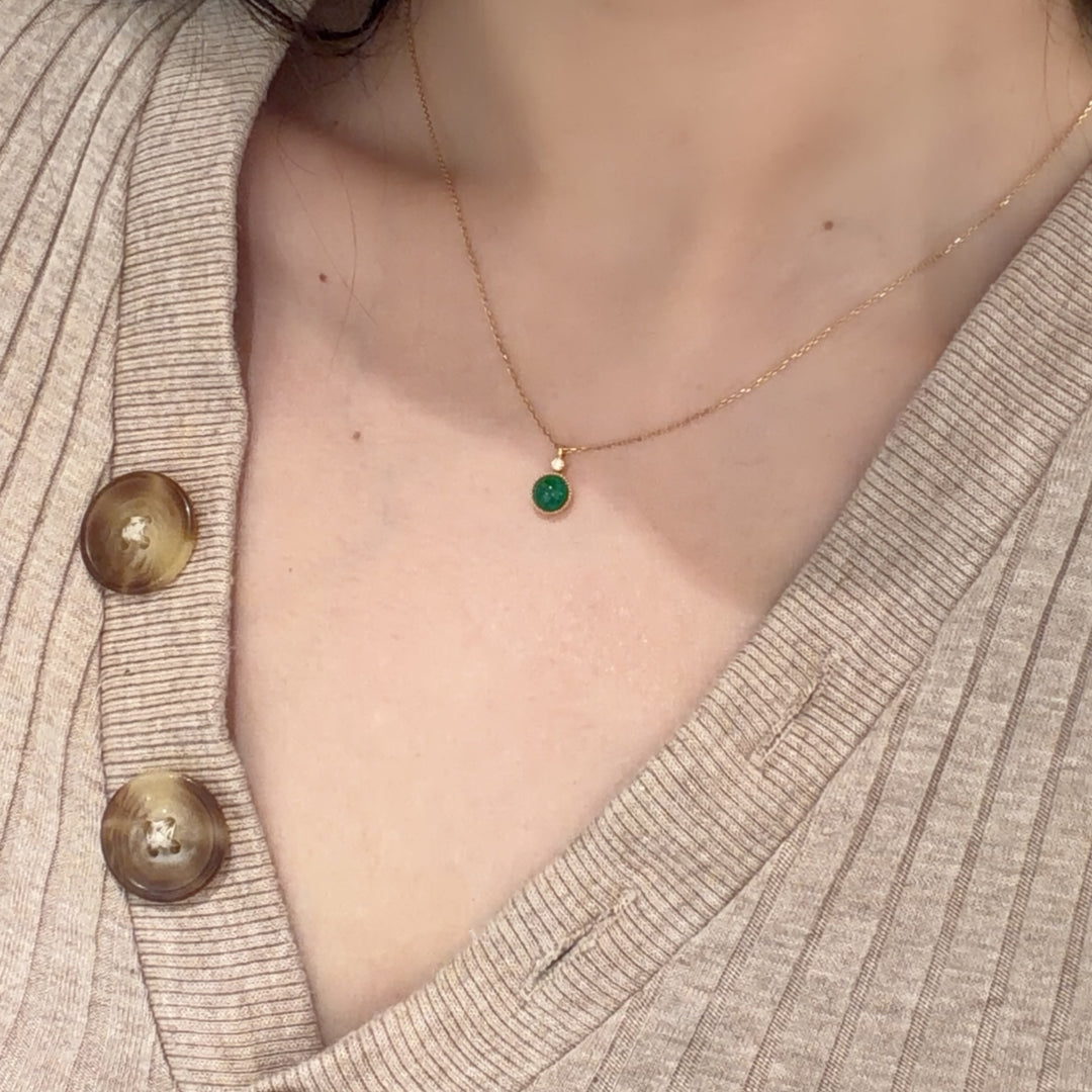 Cabochon Emerald Diamond Necklace D0.72ct d0.015ct .18K