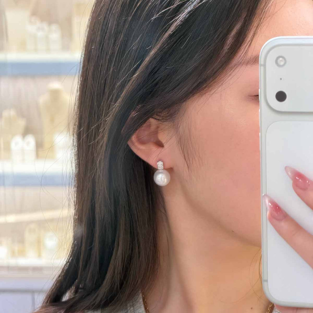 Natural South Sea White Pearl Diamond Earrings 12.4mm d0.08ct, 18K