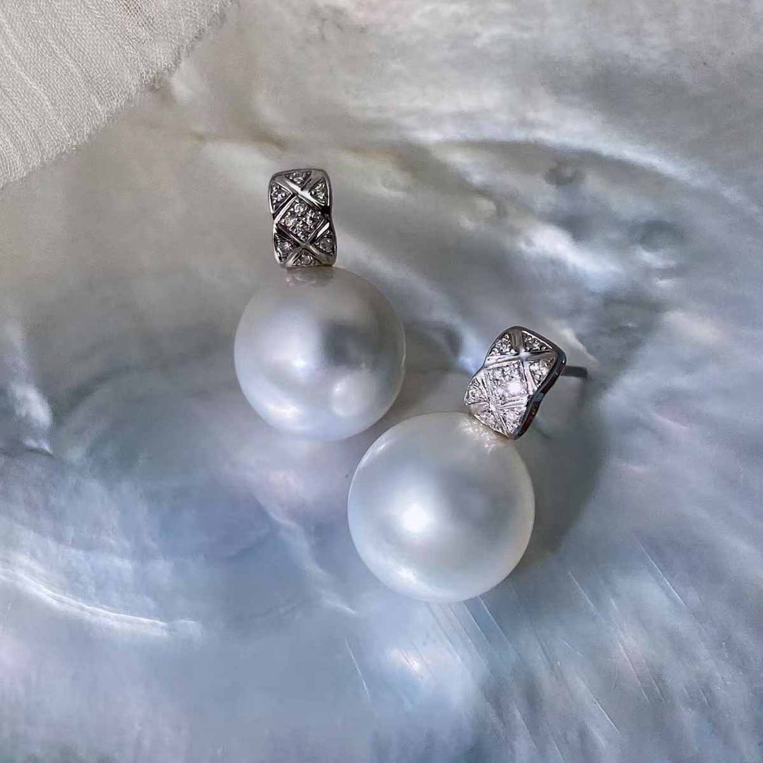 Natural South Sea White Pearl Diamond Earrings 12.4mm d0.08ct, 18K