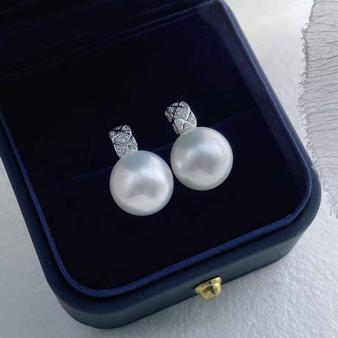 Natural South Sea White Pearl Diamond Earrings 12.4mm d0.08ct, 18K