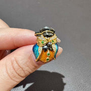 Natural White Diamond Owl General Emerald Enamel Brooch