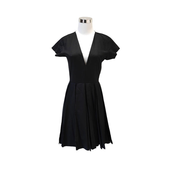 Pre-owned Dior Black Short Pleated V-neckline Wool Dress