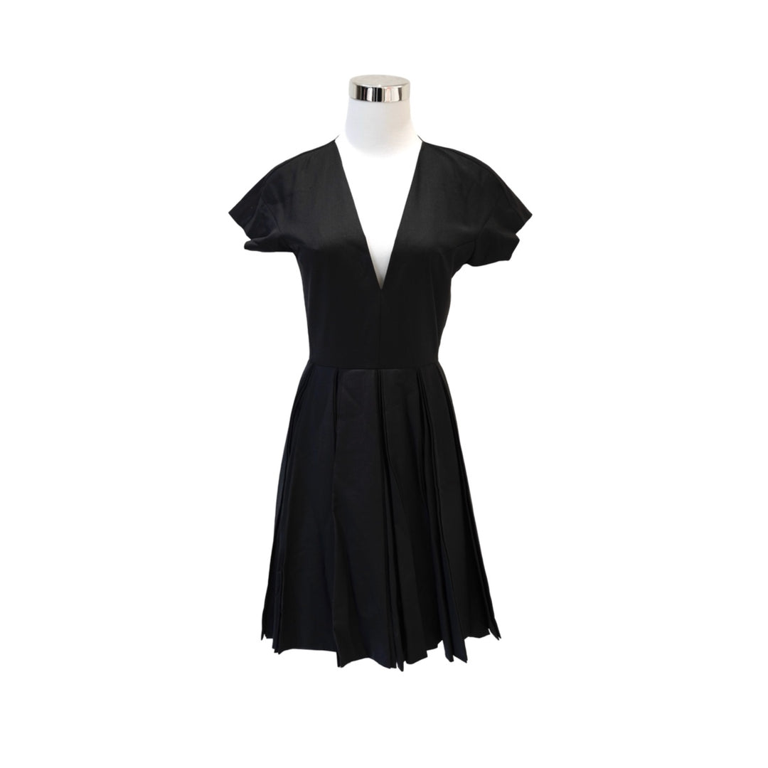 Dior Black Short Pleated V-neckline Wool Dress #36